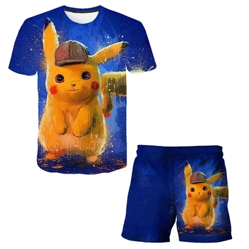 Pikaču 2 Gab Tshirts+Bikses 3D drukas Pokemonu grafikas vasaras BoyGirls Drēbes, Uzvalki, Bērnu Bikses, Īsās Piedurknes Pludmales Šorti
