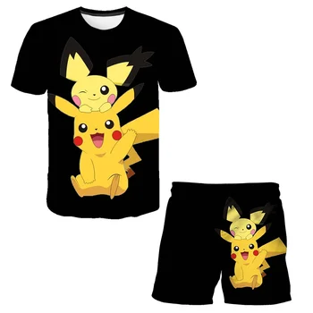 Pikaču 2 Gab Tshirts+Bikses 3D drukas Pokemonu grafikas vasaras BoyGirls Drēbes, Uzvalki, Bērnu Bikses, Īsās Piedurknes Pludmales Šorti