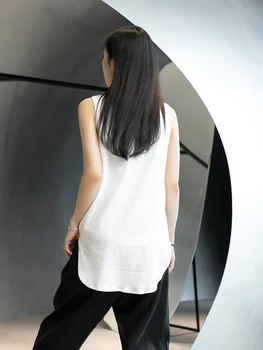 [EAM] Sieviešu Melno Pogu, Neregulāra Splicd Gadījuma T-krekls Jaunu Apaļu Kakla Piedurknēm Modes Jūra Pavasara Vasaras 2021 1DE1255