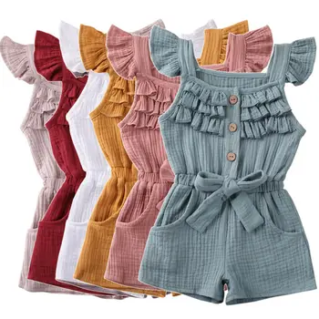 0-5T Baby Meitenes vasaras Kombinezonus Toddler Bērniem Cietā Ruffles Romper lidot Piedurknēm Bowknot Jumpsuit viens gabals Apģērbs, Apģērbu 7 krāsas