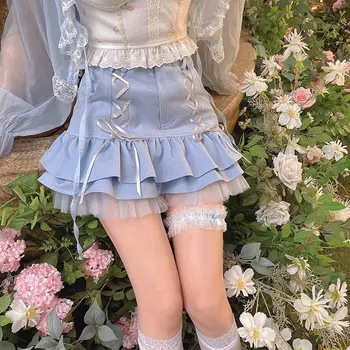 Foršas Meitenes Kawaii Mini Svārki Japāņu Stila Elegants Mežģīņu Pārsējs Y2k Lolita Svārki Sievietes Vasaras Ikdienas Sexy Īss Ruffles Svārki