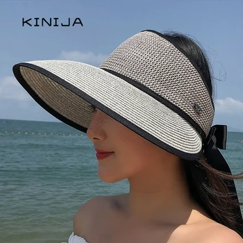 Vasaras sieviešu salmu cepures loku Pārsējs sombrero, playa lielgabarīta beach klp fedora cepuri sievietēm liela mēroga malām saule Tukšs top cepure