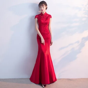 Vīna Sarkanā Sirēna Cheongsam Qipao Ilgi, Tradicionālā Ķīniešu Vakara Kleita Sievietēm Grauzdiņš Līgava Sārņu Kleita Drēbes Chinoise Stila Femme