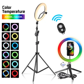 RGB 10 Collu Selfie Gredzenu Gaismas DIOŽU Gredzenu Lampu 15 3 Krāsas Modelis Ar Statīvu Stāvēt USB Spraudnis YouTube Live Foto Grims