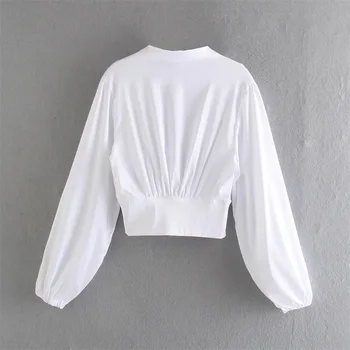TRAF Sievietes Ir 2021. Modes Sexy tīrtoņa Krāsu Slim Krekls Retro V-veida kakla ar garām Piedurknēm Slim Top Streetwear