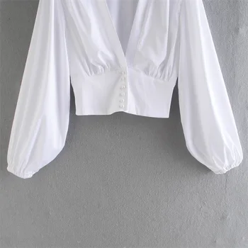 TRAF Sievietes Ir 2021. Modes Sexy tīrtoņa Krāsu Slim Krekls Retro V-veida kakla ar garām Piedurknēm Slim Top Streetwear