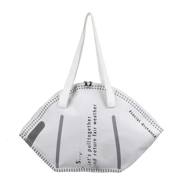 Environmental Canvas Creative Mask Shoulder Bag Casual Totes Handbags For Women 2021 New Trendy Lady Shopping Bag Large Capacity