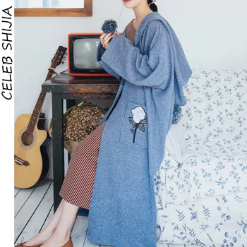 Boho Pelēks Zils Garš Džemperis Mētelis Sieviete Rožu Izšuvumu Kabatas Vintage Šiks Modes Knitter Mētelis ar Kapuci Sieviešu Rudens Audums