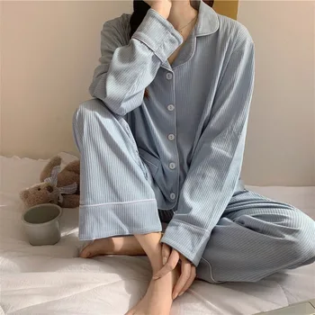 Pajama Komplekti Sievietēm ar garām Piedurknēm un Biksēm Poga Up Solid Gadījuma Sleepwear Kabatas Home Lounge Valkāt Vienkāršu Augstas Kvalitātes Mīksta Retro