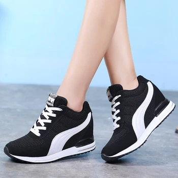 Sieviešu kurpes ar augstiem papēžiem palielināta iekšējā ķīļi platformas kurpes sieviešu modes tendence elpojoši sporta apavi mežģīnes