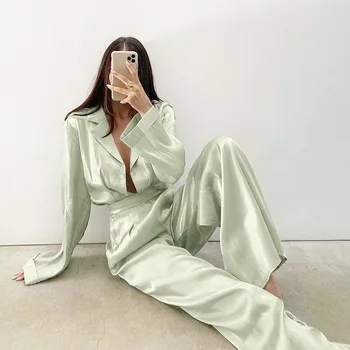 Modes Zaudēt garām piedurknēm Satīna Uzvalks Sieviešu tīrtoņa Krāsu Atloks Vienu-krūšu Krekls + gumiju, Plānas Bikses Streetwear