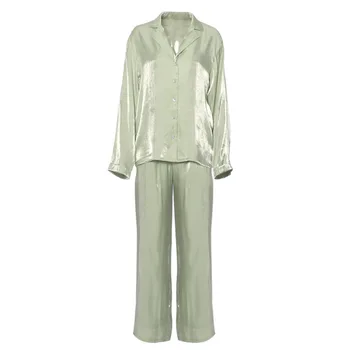 Modes Zaudēt garām piedurknēm Satīna Uzvalks Sieviešu tīrtoņa Krāsu Atloks Vienu-krūšu Krekls + gumiju, Plānas Bikses Streetwear