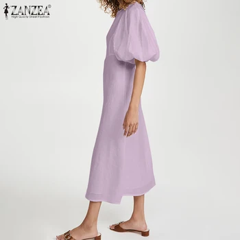 Sieviešu Vasaras Kokvilnas, Lina Kleita Sieviešu Elegants Puff Piedurknēm Vestidos Gadījuma Šiks Cietā Kleitas ZANZEA ir 2021. Modes Līnijas Drēbes
