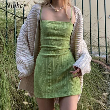 Nibber Vasarā Pamata Diegu tīrtoņa krāsu Linga Kleita Sievietēm Streetwear gadījuma Sexy Apģērbu Y2K Lady Mini Bodycon Sieviešu Kleitas