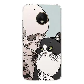 Melns Samazināt Kaķu Galvaskausa Skelets Mākslas Telefonu Gadījumā, Par Motorola Moto G9 G8 G7 G6 G5S E5 E6 Plus Spēka spēles + ES Vienu Darbības Makro Vīzija