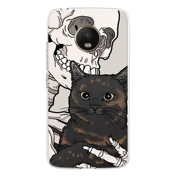 Melns Samazināt Kaķu Galvaskausa Skelets Mākslas Telefonu Gadījumā, Par Motorola Moto G9 G8 G7 G6 G5S E5 E6 Plus Spēka spēles + ES Vienu Darbības Makro Vīzija