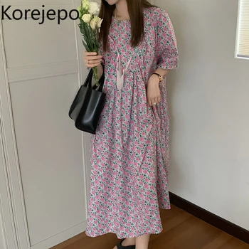 Korejepo Sievietes Kleitu 2021. Gada Vasarā Jaunu korejiešu Šiks Salds Vintage Ziedu O-veida kakla Īsām Piedurknēm Zaudēt Sieviešu Vidū-garums Garās Kleitas