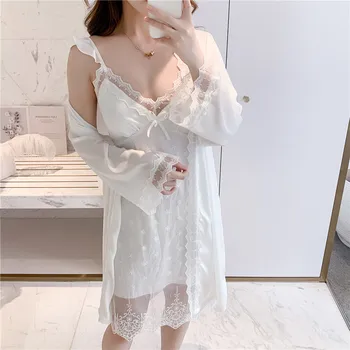 Vasaras Bordo Tērpu Komplekts, Līgava, Līgavas Kāzu 2GAB Sleepwear Mežģīnes Kimono Kleita ar V-veida kakla Miega Komplekts Gadījuma Intīmas Apakšveļa