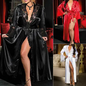 Sexy Sievietes, Dāmu Apakšveļa Satīna ar Zīda Mežģīnēm Raibs Kleita Peldmēteļi G-string Ilgi Nightdress Apakšveļa Kimono Drēbes ar Jostu