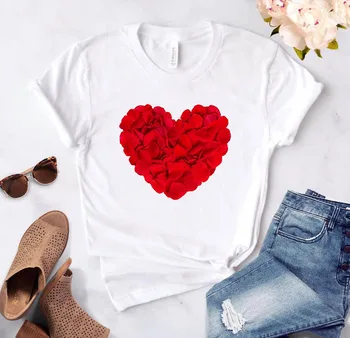 Sirds ziedu drukāt dāmas T-krekls dāmas gadījuma raksturs O-apkakles balts krekls ar īsām piedurknēm dāmu T-krekls mīlestība grafikas drukāšanai