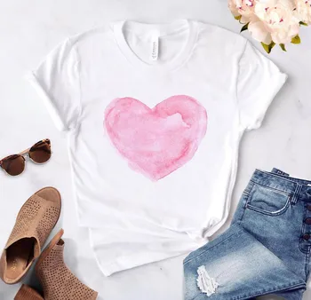 Sirds ziedu drukāt dāmas T-krekls dāmas gadījuma raksturs O-apkakles balts krekls ar īsām piedurknēm dāmu T-krekls mīlestība grafikas drukāšanai