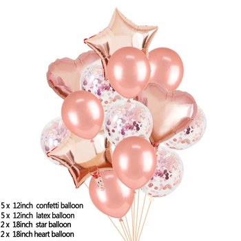 14pcs/set Rožu Zelta Konfeti Lateksa Baloni Komplekts Star Sirds Folija Baloon Dzimšanas dienas svinības Rotājumus Bērniem, Kāzu Ballon Piederumi