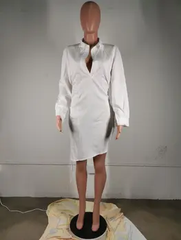 Prowow Sieviešu Blūze Kleita ar garām Piedurknēm Shirring Mini Kleitas Biroja Dāma Ir 2021. Jaunu vienkrāsainu Pavasara Vasaras Sieviešu Apģērbu