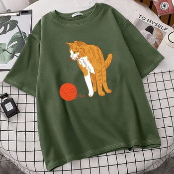 Kaķis Spēlējas Ar Bumbu Dzijas Izdrukas Vīriešu T Vogue S-Xxxl Tshirts Modes Gadījuma Īsām Piedurknēm Streetwear Brīvs T-Krekls Vīrietis