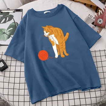 Kaķis Spēlējas Ar Bumbu Dzijas Izdrukas Vīriešu T Vogue S-Xxxl Tshirts Modes Gadījuma Īsām Piedurknēm Streetwear Brīvs T-Krekls Vīrietis