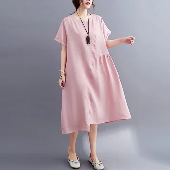 Ar īsām piedurknēm kokvilnas veļa vintage kleitas sievietēm gadījuma zaudēt midi vasaras kleitu elegants apģērbs ir 2021. sundress