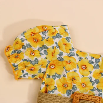 Blotona Lovely Baby Meitenes Gadījuma Divu gabals Apģērbu Komplekts, Dzeltens Kvadrāts Apkakli, Īsām Piedurknēm Ziedu Kleita un Josta, 1-6Years