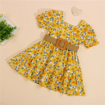 Blotona Lovely Baby Meitenes Gadījuma Divu gabals Apģērbu Komplekts, Dzeltens Kvadrāts Apkakli, Īsām Piedurknēm Ziedu Kleita un Josta, 1-6Years