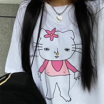 Japānas Harajuku Stils Smieklīgi Kitty Iespiesti Tees Meitenēm White Plus Lieluma Kokvilnas Apaļu Kakla Tops ar Īsām Piedurknēm Grunge T krekls Sievietēm