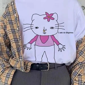 Japānas Harajuku Stils Smieklīgi Kitty Iespiesti Tees Meitenēm White Plus Lieluma Kokvilnas Apaļu Kakla Tops ar Īsām Piedurknēm Grunge T krekls Sievietēm
