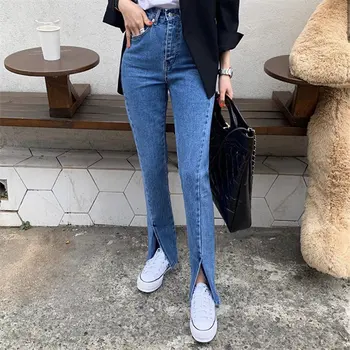 Zila Streetwear Sadalīt Džinsi Ir 2021. Augstas Kvalitātes, Stilīgu Modes Šiks Augsta Vidukļa Sievietēm Gadījuma Tievs Džinsa Bikses Uzliesmojums