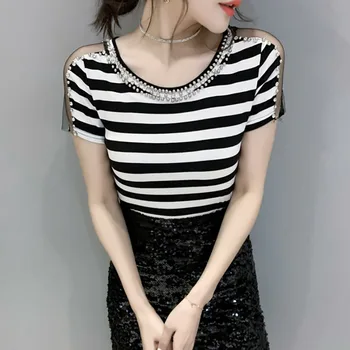 #5968 Melns Balts Sarkans Svītrains T Krekls Sievietēm Frēzēšana O Kakla Savienoti Acs Īsām Piedurknēm Pamata T Krekls Sieviešu Korejas Modes Vasarā