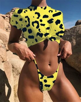 Augsta Vidukļa Bikini Ir 2021. Sieviešu Pārsējs Peldkostīmi Savirmot Topi Leopard Apakšā Peldkostīmu Backless Peldkostīms, Melns Sarkans Zaļš Biquinis
