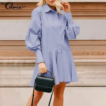 Sieviešu Garš Puff Piedurknēm, Elegants Krekls Kleita Ir 2021. Celmia Modes Augsta Vidukļa Mini Kleitas Gadījuma Zaudēt Cietā Puse Vestidos Drēbes