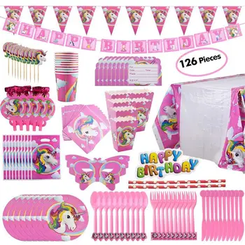 Unicorn dzimšanas dienas svece puse rotājumi vienreizējās lietošanas galda piederumu komplekts gaisa balonu, tases, šķīvji autiņu Meitenes bērniem dzimšanas dienas ballīti piederumi
