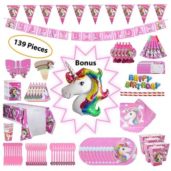Unicorn dzimšanas dienas svece puse rotājumi vienreizējās lietošanas galda piederumu komplekts gaisa balonu, tases, šķīvji autiņu Meitenes bērniem dzimšanas dienas ballīti piederumi