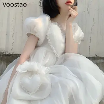 Foršas Meitenes Lolita Stila Balta Princeses Kleita Japāņu Vasaras Sieviešu Cute Sirds Formas Ruffles Puff Piedurknēm Puse Mini Kleitas