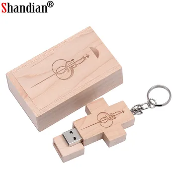 SHANDAIN bezmaksas Custome LOGO koka Krustu USB + kastes USB Flash Drive USB memory stick pendrive 16GB 32GB Šķērso Flash drive dāvanu