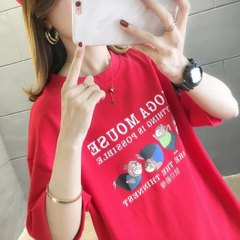 Lielajam T-krekli korejas Japanes Meitenes Zaudēt Vasaras Lakrosa Harajuku O-veida kakla Sarkans Karikatūra Izdrukāt Topi, Sieviešu Kokvilnas t Drēbes