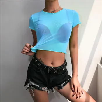 Modes Sievietes Sexy Redzēt Cauri T-Krekls Acs Milzīgais Vasaras Gadījuma Pārredzamu Puse Tee Top Stilīgi Košās krāsas T-Krekls Topi Jauns