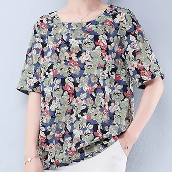 Vintage Blūze Vasaras Drēbes Sievietēm, Plus Lieluma Ziedu Drukāt Zaudēt Gadījuma Dāmas Topi O Kakla Tee Krekls Ar Īsām Piedurknēm