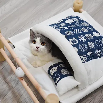 Paaugstināts Pet Cat Gulta Noņemams guļammaiss Guļamtīkls Gultas sauļošanās krēslu Koka Kaķu Māja Ziemā Silts Mājdzīvnieki Gulta Maziem Suņiem Dīvāns Mat