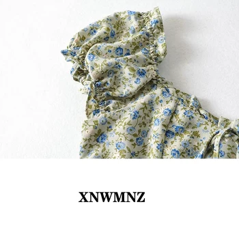 XNWMNZ ir 2021. Vintage Cap Sleeve Sieviešu Kleita Šiks Zaļā Ziedu Drukāt Šifona Kleitas, Retro Vestidos Dāmas vasaras kleitas sieviete