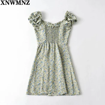 XNWMNZ ir 2021. Vintage Cap Sleeve Sieviešu Kleita Šiks Zaļā Ziedu Drukāt Šifona Kleitas, Retro Vestidos Dāmas vasaras kleitas sieviete