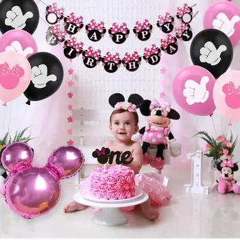 Disney Minnie Jubilejas 1. Happy Birthday Party Piegādes Minnie Mouse Dzimšanas dienu Banner Dekori Gilrs Dzimšanas dienas svinības dekori