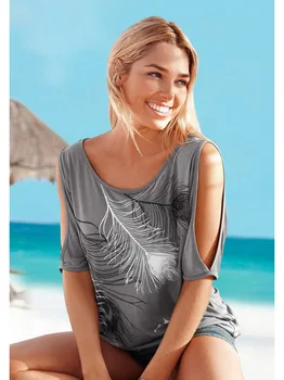 Eiropas un Amerikas Sieviešu Apģērbs T-kreklu, Jaunu Stilu Spalvu Drukāt Off-plecu Apaļu Kakla Plus Lieluma Īsām Piedurknēm T-krekls